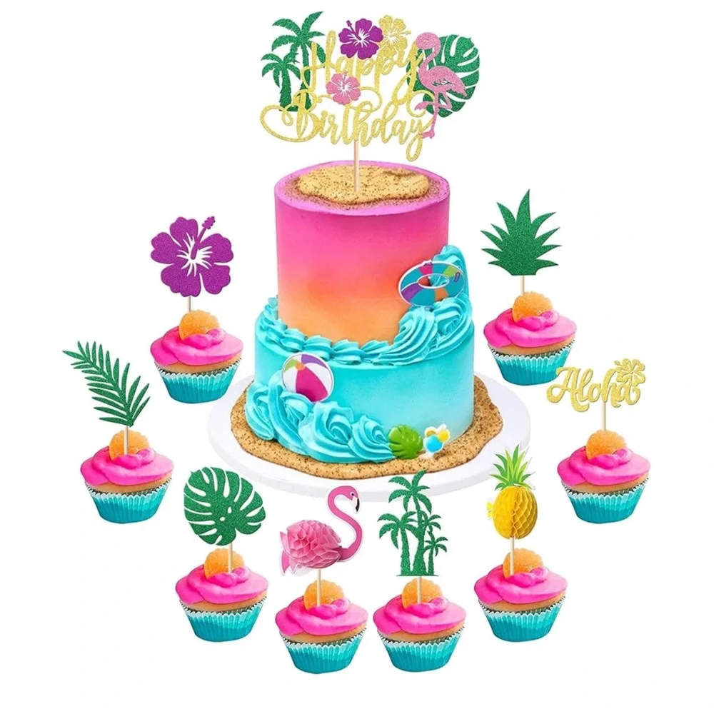 25 Pack Tropical Luau Cupcake Toppers with Happy Birthday Flamingo Cake Topper